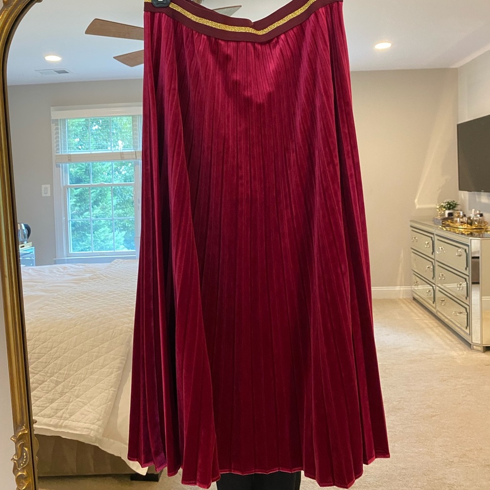 Anthropologie Maeve Womens Velvet Pleated Midi Skirt Pink Stretch Pull On, SZ M